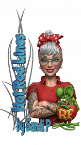 “Hot Rod Lines logo featuring Sandi P and Rat Fink, custom pinstriping artist in Granby Missouri.