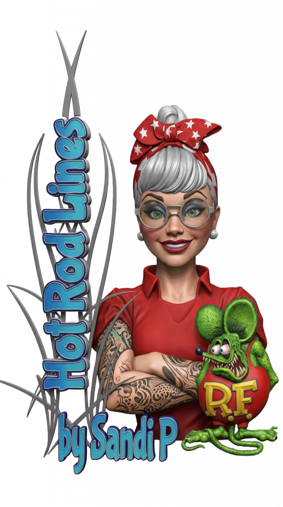 “Hot Rod Lines logo featuring Sandi P and Rat Fink, custom pinstriping artist in Granby Missouri.