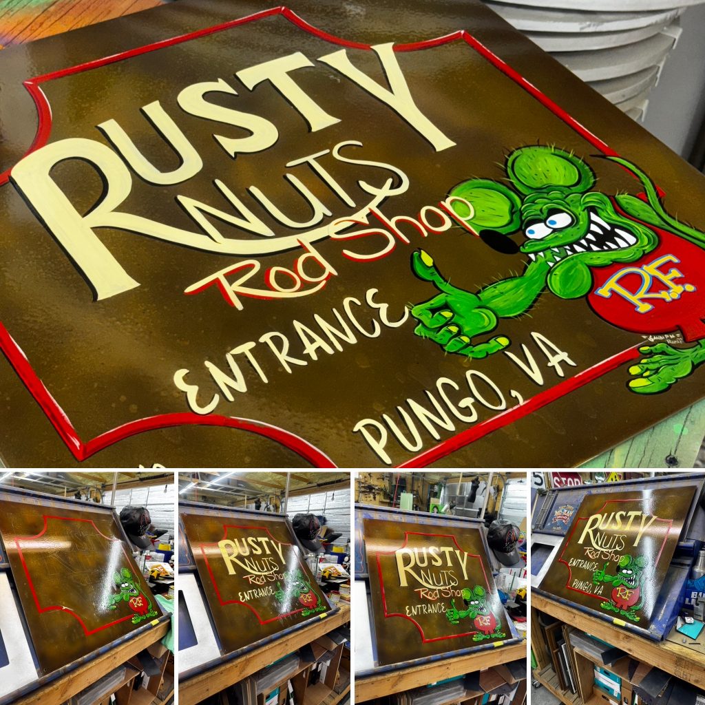 “Hand‑painted Rat Fink–inspired shop sign with bold cartoon lines, bright colors, and traditional hot rod style.”