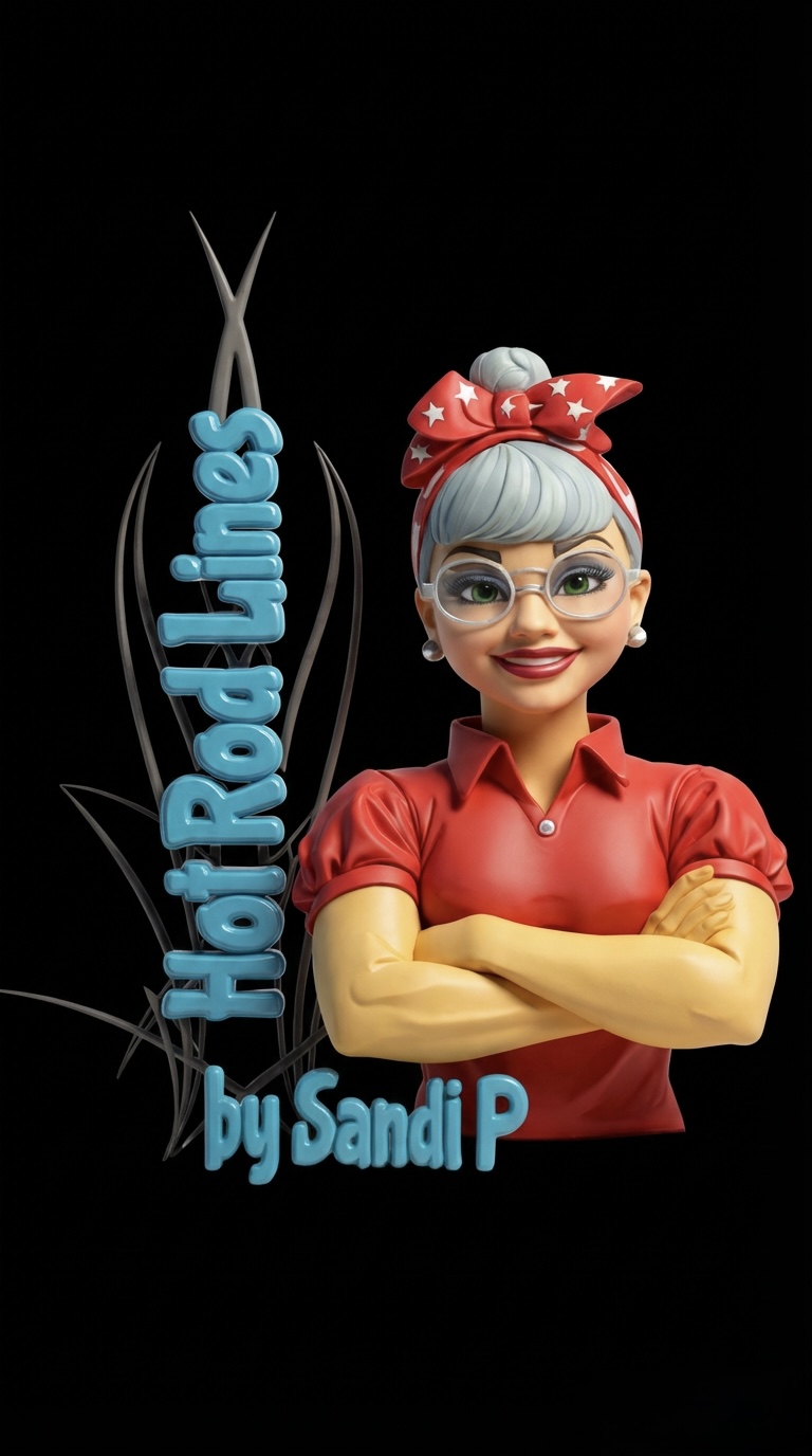 “Hot Rod Lines logo featuring Sandi P, custom pinstriping artist in Granby Missouri.”