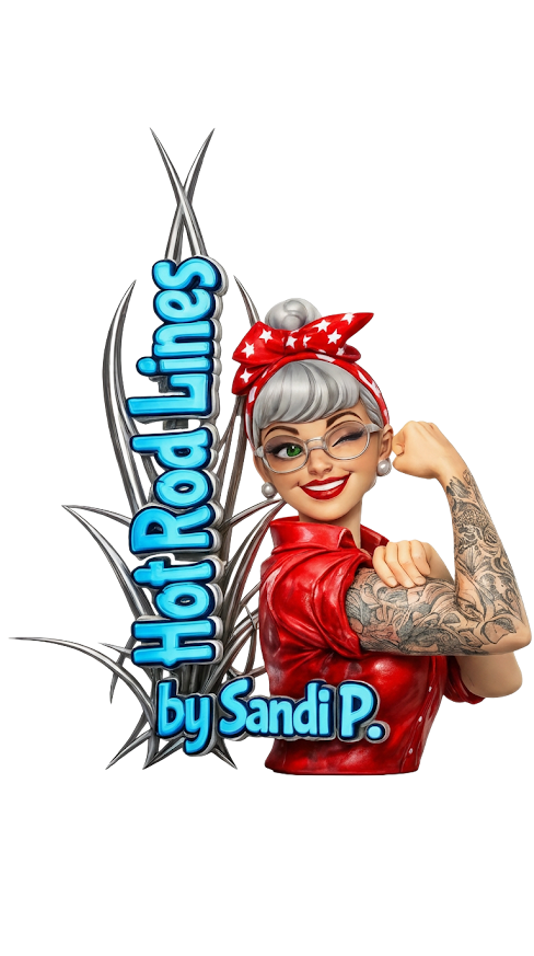 “Hot Rod Lines logo featuring Sandi P, custom pinstriping artist in Granby Missouri.”