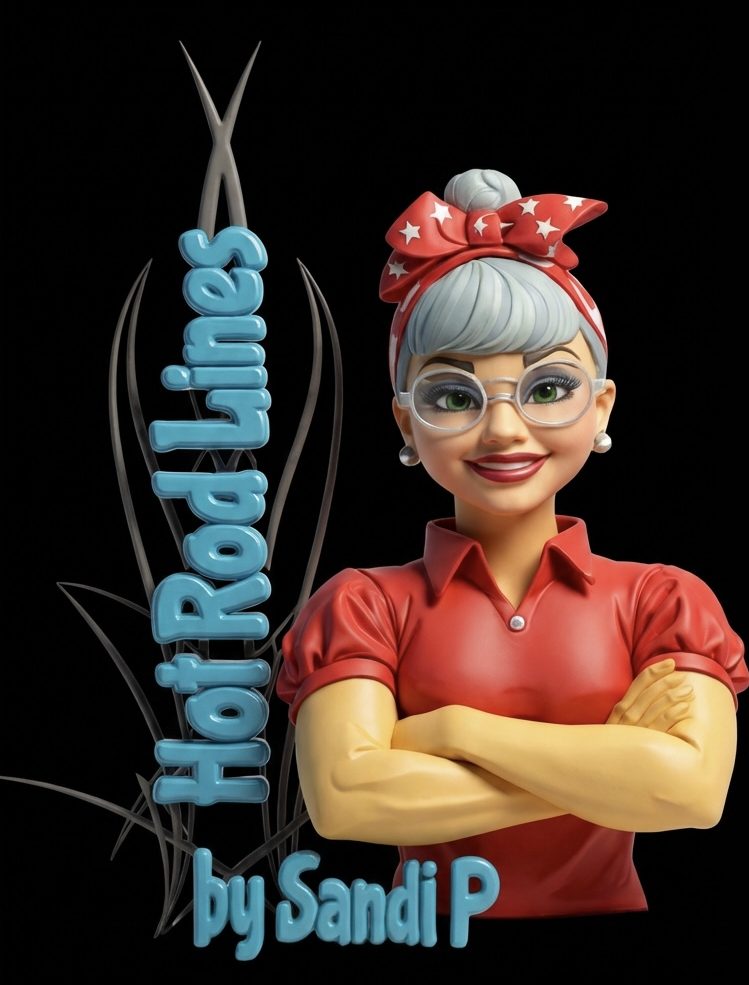 “Hot Rod Lines logo featuring Sandi P, custom pinstriping artist in Granby Missouri.”