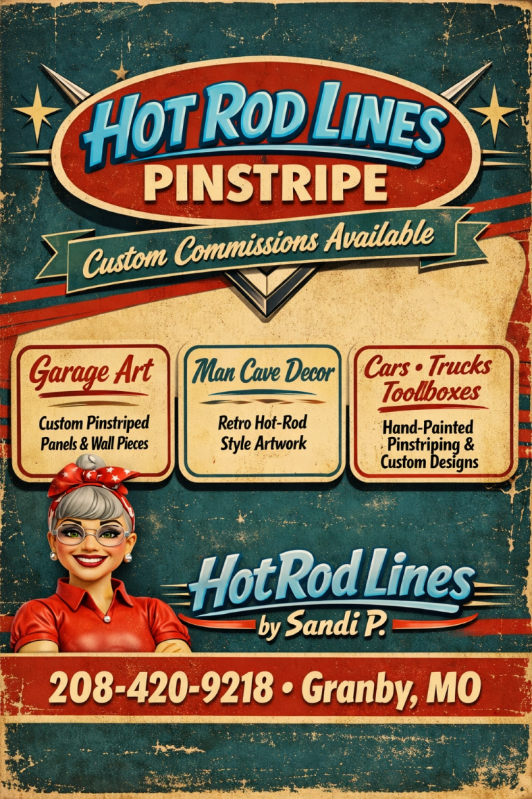 Vintage-style Hot Rod Lines poster featuring retro typography and an illustrated woman in red, promoting custom pinstriping, garage art, and hot‑rod artwork by Sandi P